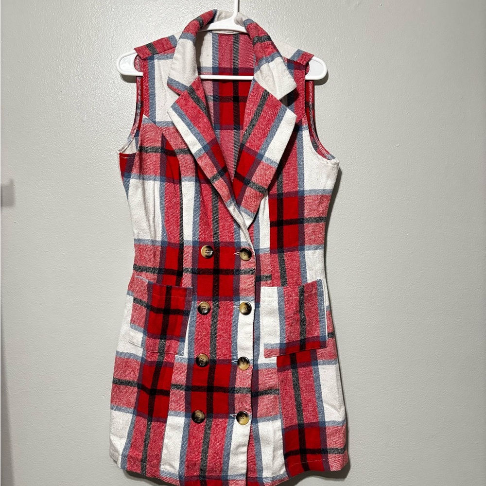 Plaid Sleeveless Vest Dress with Gold Buttons